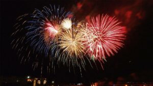Wide shot of the New Years Eve fireworks at Marina del Rey in Los Angeles, California, USA